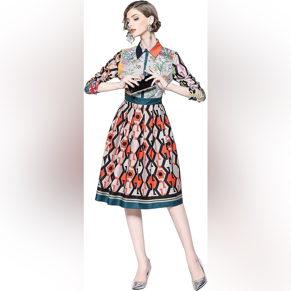 Lai Meng Five Cats Floral & Geometric Patterned ALine Fit & Flare Dress Size 8 - Picture 4 of 14